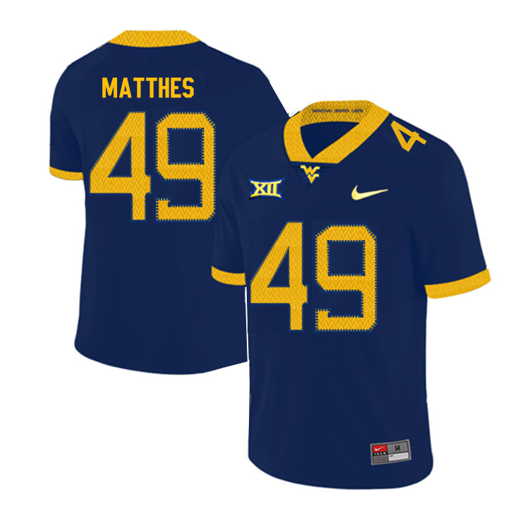 2019 Men #49 Evan Matthes West Virginia Mountaineers College Football Jerseys Sale-Navy